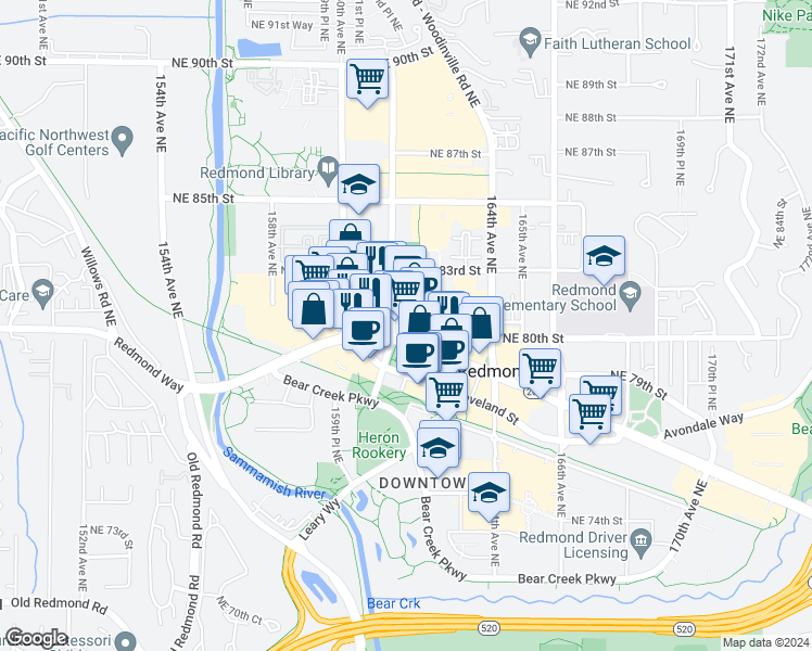 map of restaurants, bars, coffee shops, grocery stores, and more near 8020 161st Avenue Northeast in Redmond