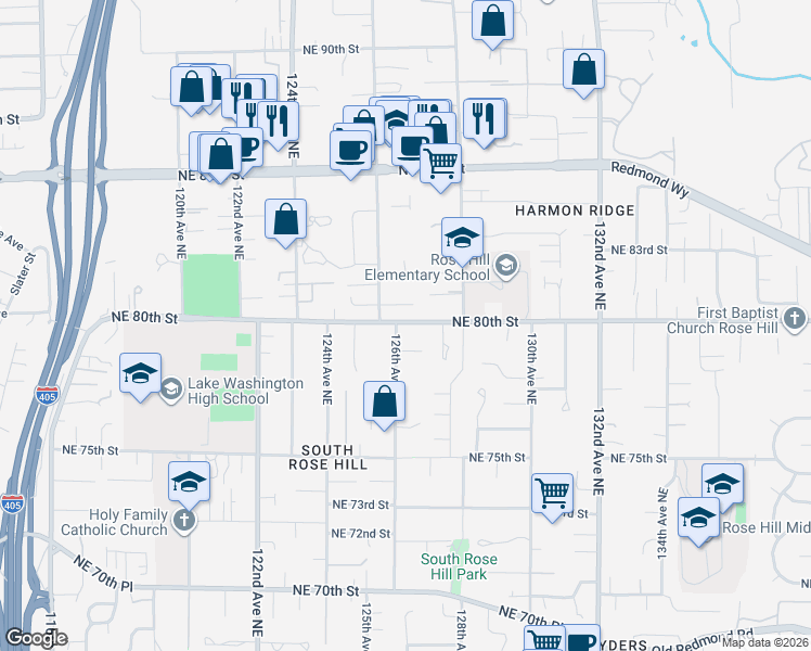 map of restaurants, bars, coffee shops, grocery stores, and more near 7841 126th Avenue Northeast in Kirkland