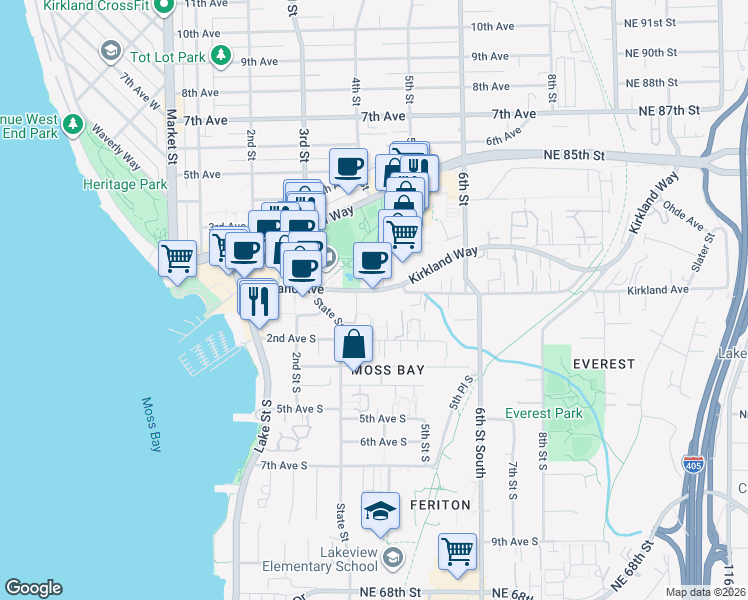 map of restaurants, bars, coffee shops, grocery stores, and more near 330 2nd Avenue South in Kirkland