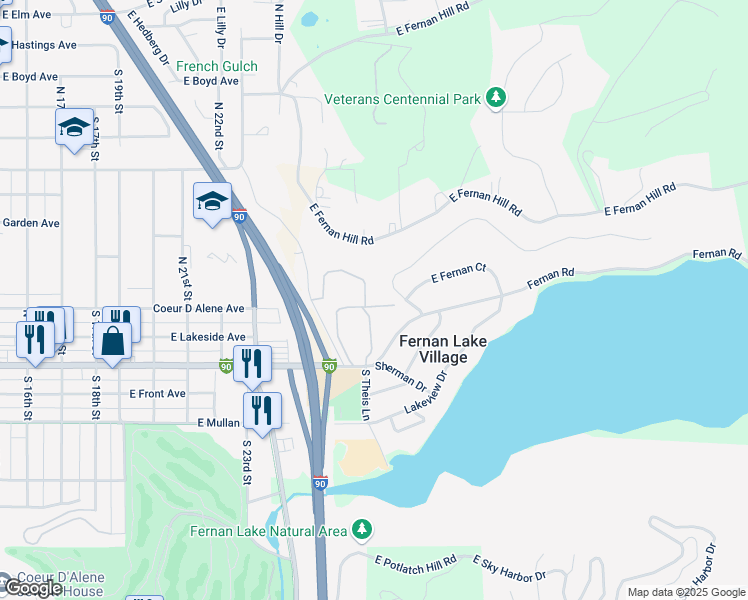 map of restaurants, bars, coffee shops, grocery stores, and more near 2501 East Sherman Avenue in Coeur d'Alene