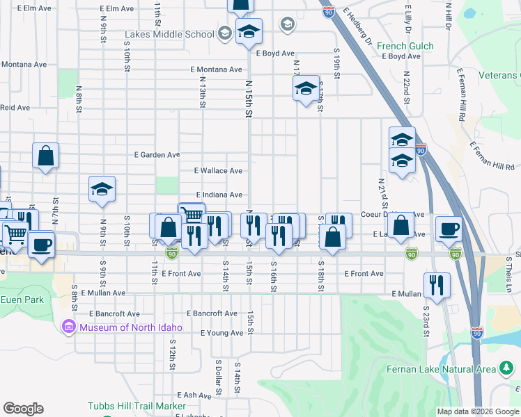 map of restaurants, bars, coffee shops, grocery stores, and more near 1503 East Lakeside Avenue in Coeur d'Alene