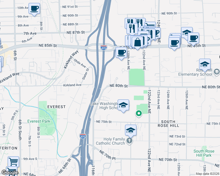 map of restaurants, bars, coffee shops, grocery stores, and more near 11739 Northeast 80th Street in Kirkland