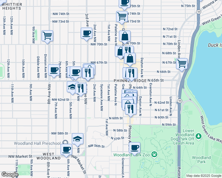 map of restaurants, bars, coffee shops, grocery stores, and more near 6215 Palatine Avenue North in Seattle