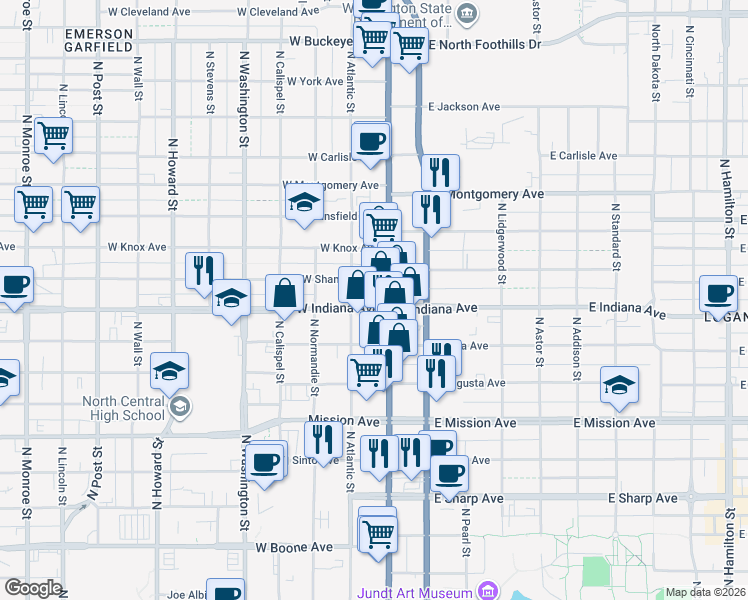 map of restaurants, bars, coffee shops, grocery stores, and more near 27 West Indiana Avenue in Spokane