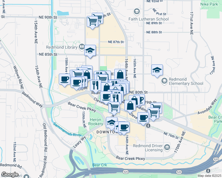 map of restaurants, bars, coffee shops, grocery stores, and more near 16241 Redmond Way in Redmond