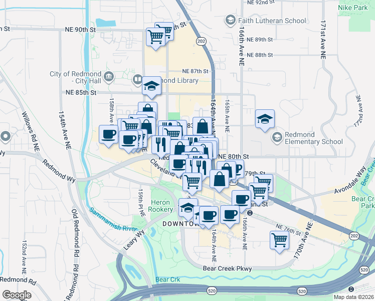 map of restaurants, bars, coffee shops, grocery stores, and more near 16210 Northeast 80th Street in Redmond