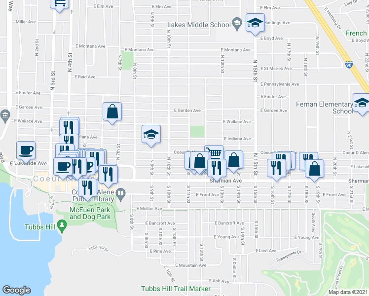 map of restaurants, bars, coffee shops, grocery stores, and more near 1025 Coeur D Alene Avenue in Coeur d'Alene