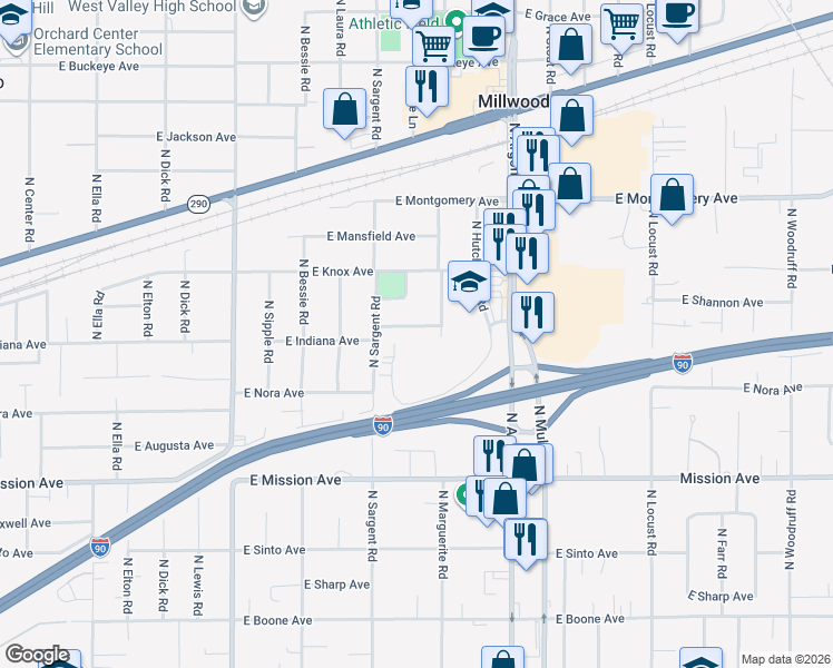 map of restaurants, bars, coffee shops, grocery stores, and more near 1908 North Dale Lane in Spokane Valley