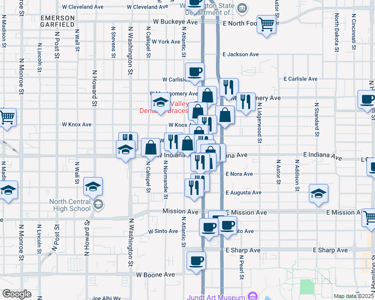 map of restaurants, bars, coffee shops, grocery stores, and more near 28 West Indiana Avenue in Spokane