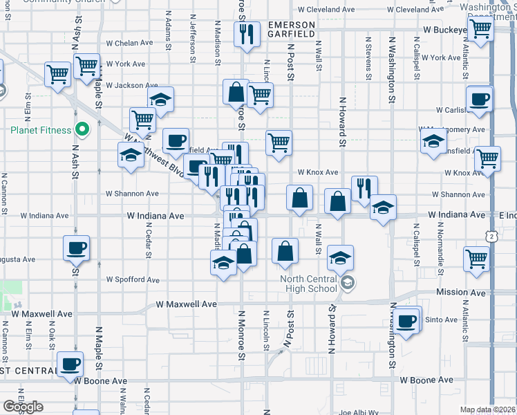 map of restaurants, bars, coffee shops, grocery stores, and more near 920 West Shannon Avenue in Spokane