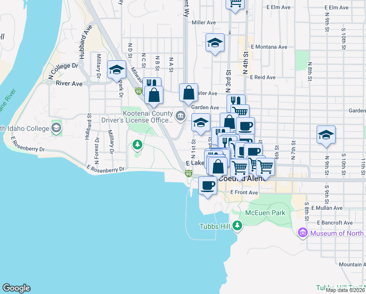 map of restaurants, bars, coffee shops, grocery stores, and more near in Coeur d'Alene