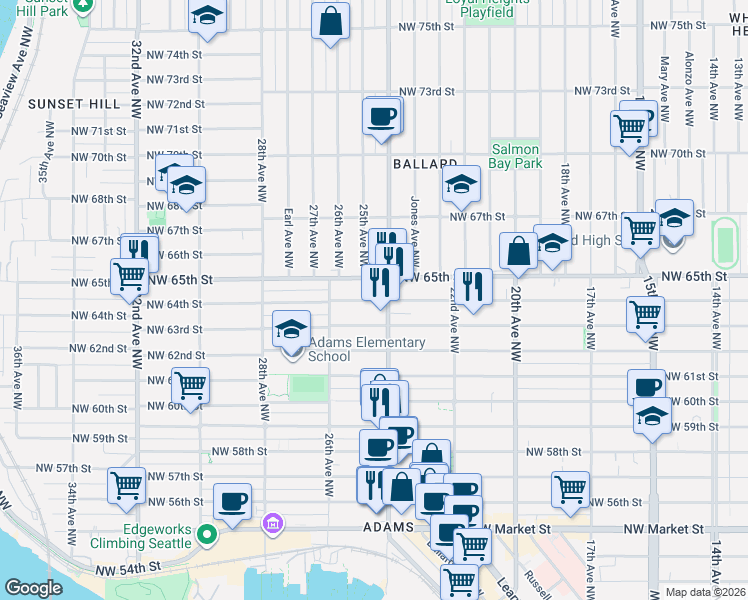 map of restaurants, bars, coffee shops, grocery stores, and more near 2409 Northwest 64th Street in Seattle