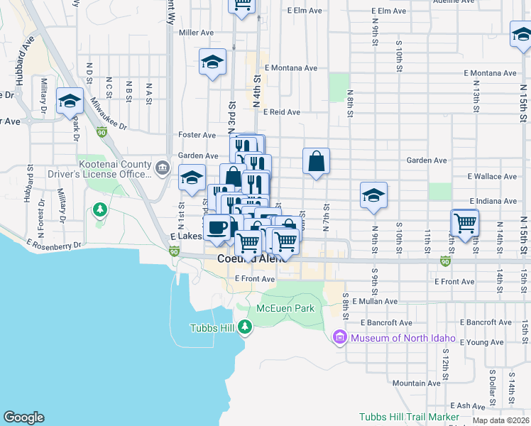 map of restaurants, bars, coffee shops, grocery stores, and more near 400 North 4th Street in Coeur d'Alene