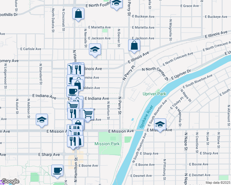 map of restaurants, bars, coffee shops, grocery stores, and more near 1207 East Baldwin Avenue in Spokane