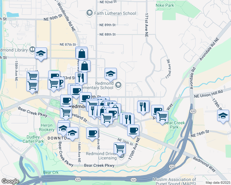 map of restaurants, bars, coffee shops, grocery stores, and more near 16800 Northeast 80th Street in Redmond