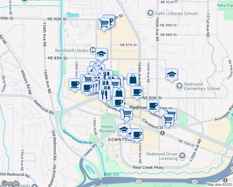 map of restaurants, bars, coffee shops, grocery stores, and more near in Redmond