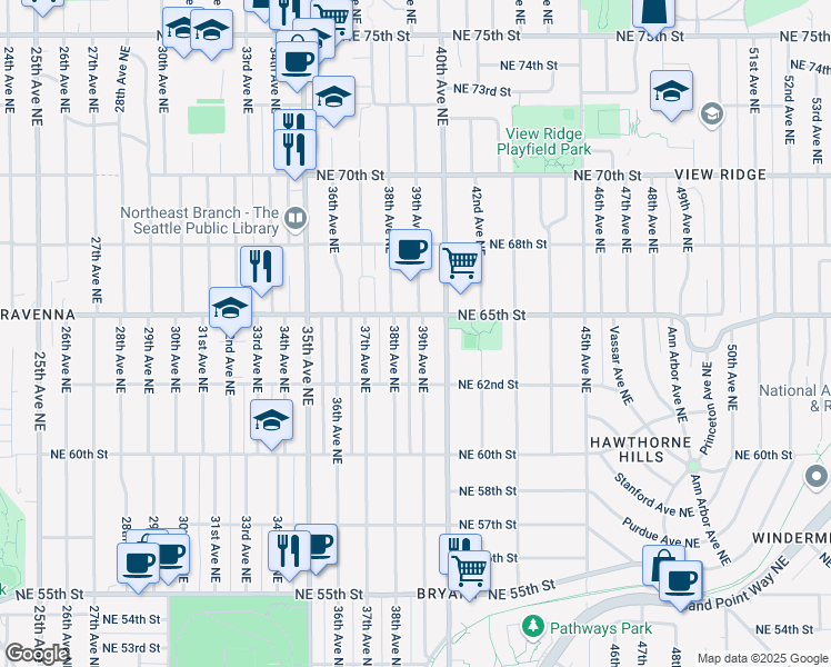 map of restaurants, bars, coffee shops, grocery stores, and more near 6503 39th Avenue Northeast in Seattle