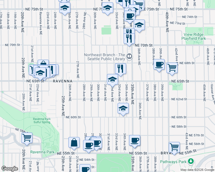 map of restaurants, bars, coffee shops, grocery stores, and more near 3114 Northeast 65th Street in Seattle