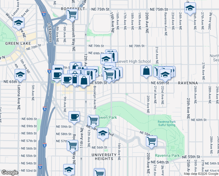 map of restaurants, bars, coffee shops, grocery stores, and more near 1508 Northeast 65th Street in Seattle