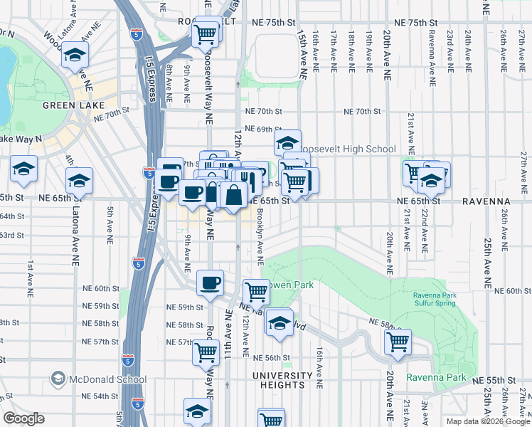map of restaurants, bars, coffee shops, grocery stores, and more near 1222 Northeast 65th Street in Seattle