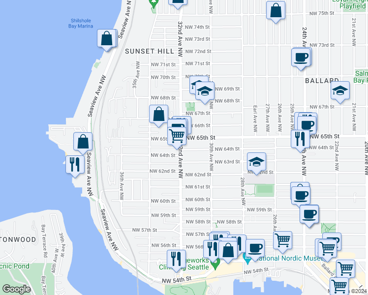 map of restaurants, bars, coffee shops, grocery stores, and more near 3200 Northwest 65th Street in Seattle