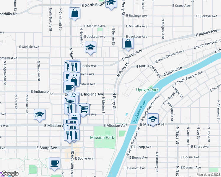 map of restaurants, bars, coffee shops, grocery stores, and more near 1207 East Baldwin Avenue in Spokane
