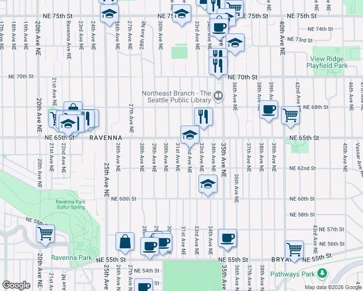 map of restaurants, bars, coffee shops, grocery stores, and more near 3114 Northeast 65th Street in Seattle