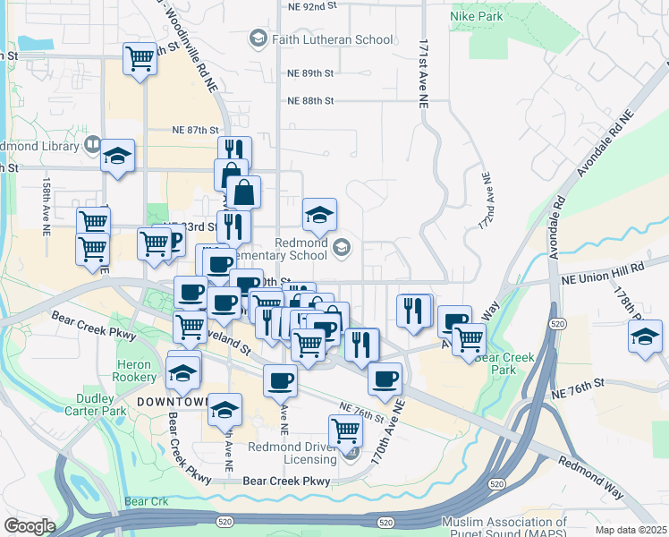 map of restaurants, bars, coffee shops, grocery stores, and more near 16800 Northeast 80th Street in Redmond