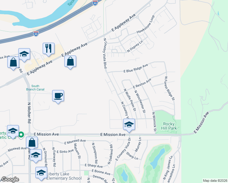 map of restaurants, bars, coffee shops, grocery stores, and more near 2195 North Country Vista Boulevard in Liberty Lake