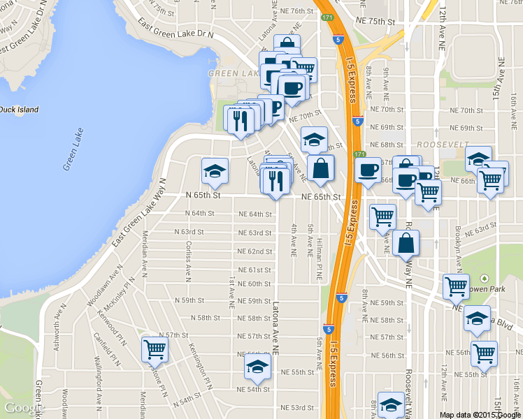 map of restaurants, bars, coffee shops, grocery stores, and more near 140 Northeast 64th Street in Seattle