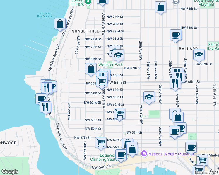 map of restaurants, bars, coffee shops, grocery stores, and more near 3042 Northwest 64th Street in Seattle