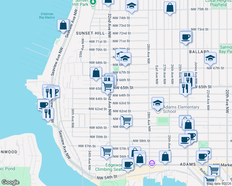 map of restaurants, bars, coffee shops, grocery stores, and more near 3042 Northwest 64th Street in Seattle