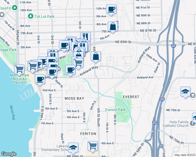 map of restaurants, bars, coffee shops, grocery stores, and more near Kirkland Avenue in Kirkland
