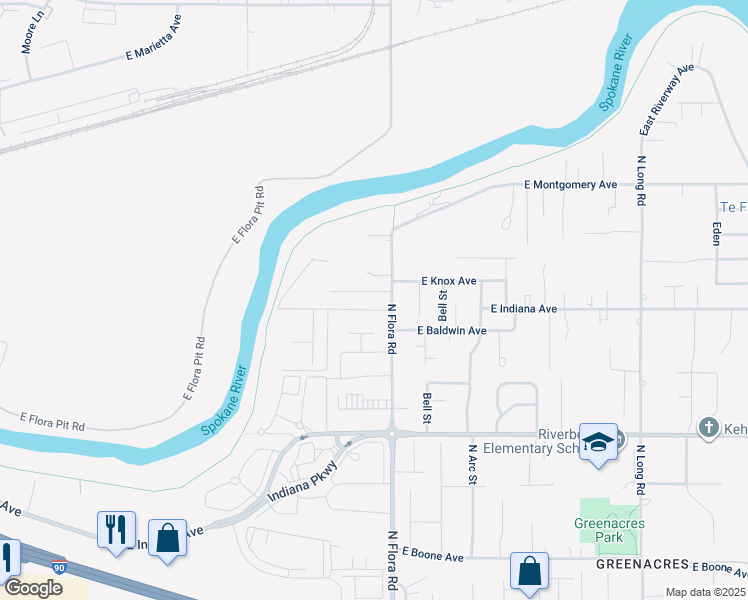 map of restaurants, bars, coffee shops, grocery stores, and more near 2019 North Flora Road in Spokane Valley