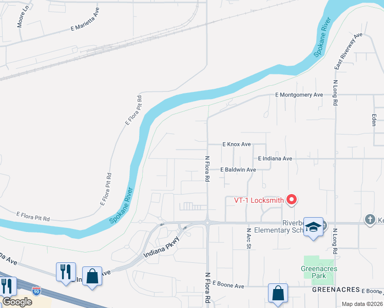 map of restaurants, bars, coffee shops, grocery stores, and more near 16917 East Knox Lane in Spokane Valley