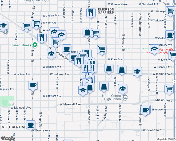 map of restaurants, bars, coffee shops, grocery stores, and more near 1018 West Shannon Avenue in Spokane