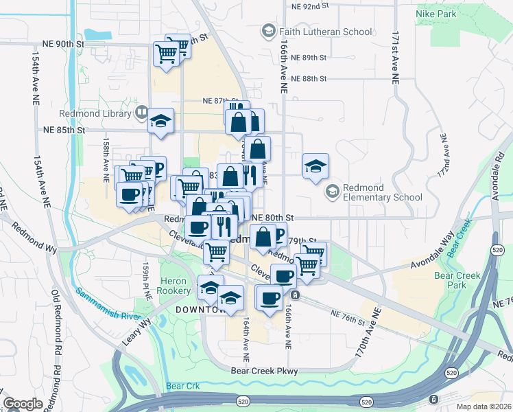map of restaurants, bars, coffee shops, grocery stores, and more near 8107 165th Avenue Northeast in Redmond