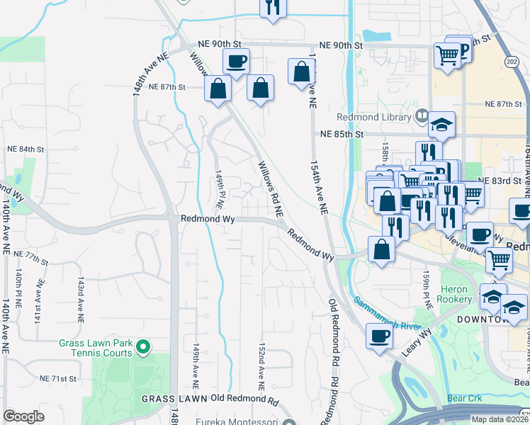 map of restaurants, bars, coffee shops, grocery stores, and more near 15212 Northeast 81st Way in Redmond