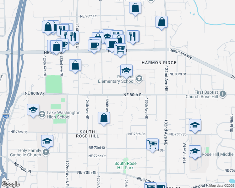map of restaurants, bars, coffee shops, grocery stores, and more near 12719 Northeast 80th Lane in Kirkland