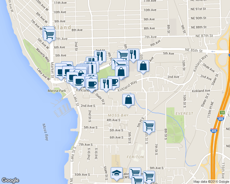 map of restaurants, bars, coffee shops, grocery stores, and more near 352 Kirkland Avenue in Kirkland