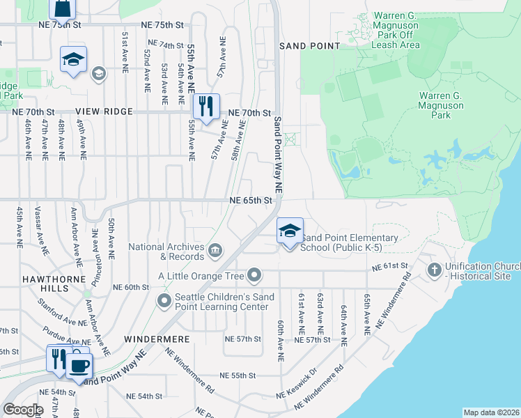 map of restaurants, bars, coffee shops, grocery stores, and more near 5856 Northeast Park Point Place in Seattle