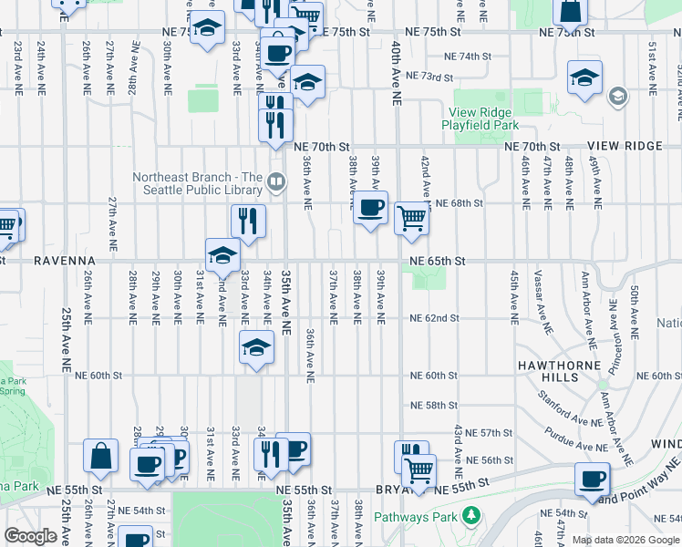 map of restaurants, bars, coffee shops, grocery stores, and more near 6507 38th Avenue Northeast in Seattle