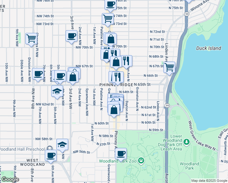 map of restaurants, bars, coffee shops, grocery stores, and more near in Seattle