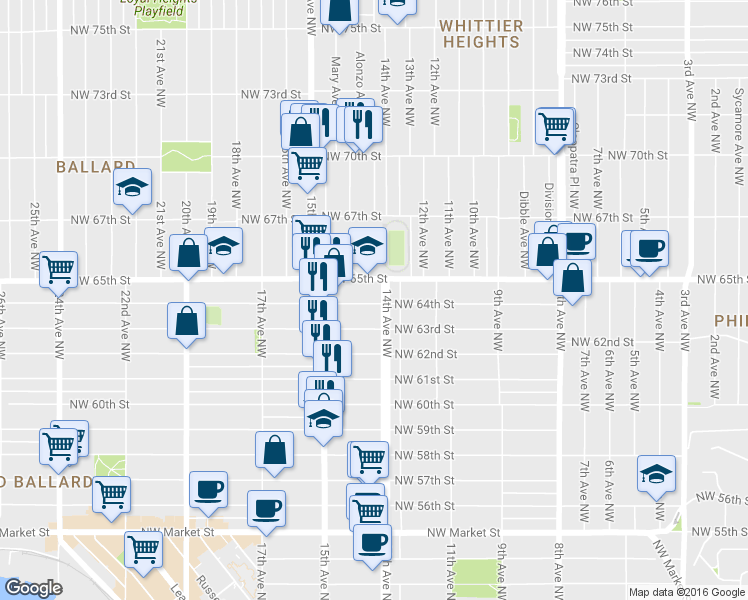 map of restaurants, bars, coffee shops, grocery stores, and more near 1413 Northwest 65th Street in Seattle