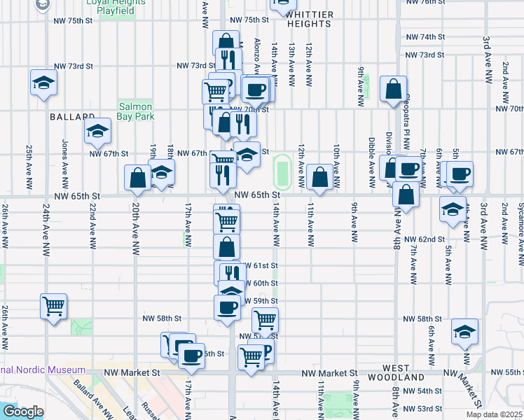 map of restaurants, bars, coffee shops, grocery stores, and more near 1413 Northwest 65th Street in Seattle