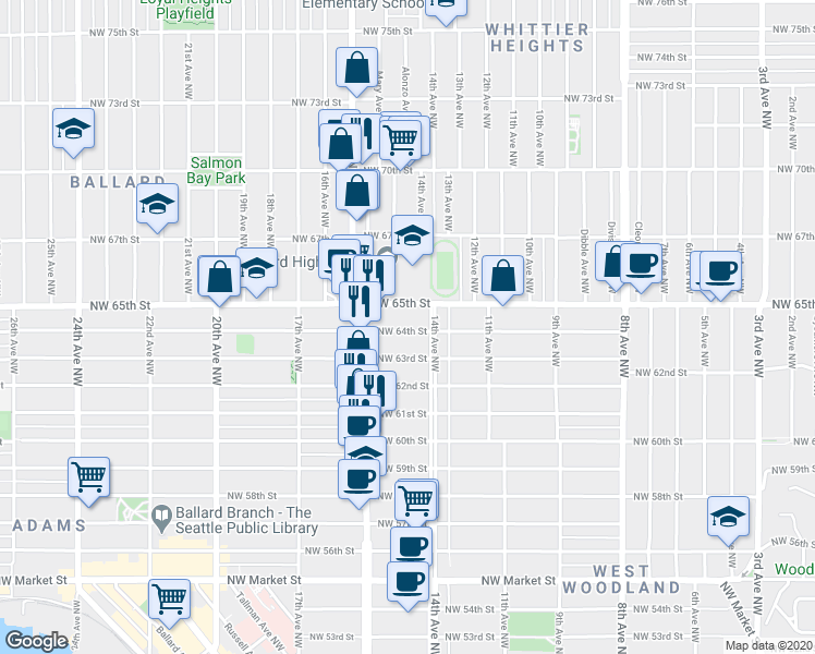 map of restaurants, bars, coffee shops, grocery stores, and more near 1413 Northwest 65th Street in Seattle