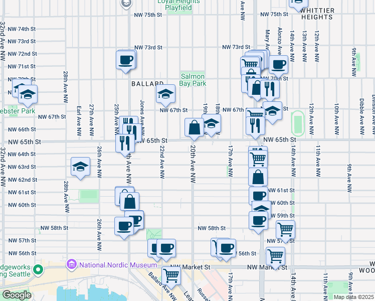 map of restaurants, bars, coffee shops, grocery stores, and more near in Seattle