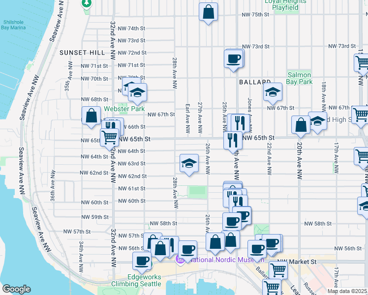 map of restaurants, bars, coffee shops, grocery stores, and more near 2764 Northwest 65th Street in Seattle