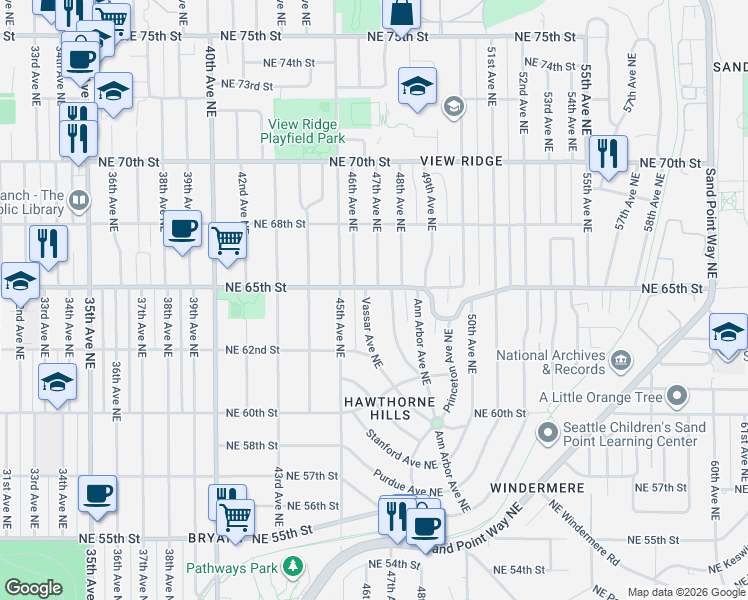 map of restaurants, bars, coffee shops, grocery stores, and more near 6254 Vassar Avenue Northeast in Seattle