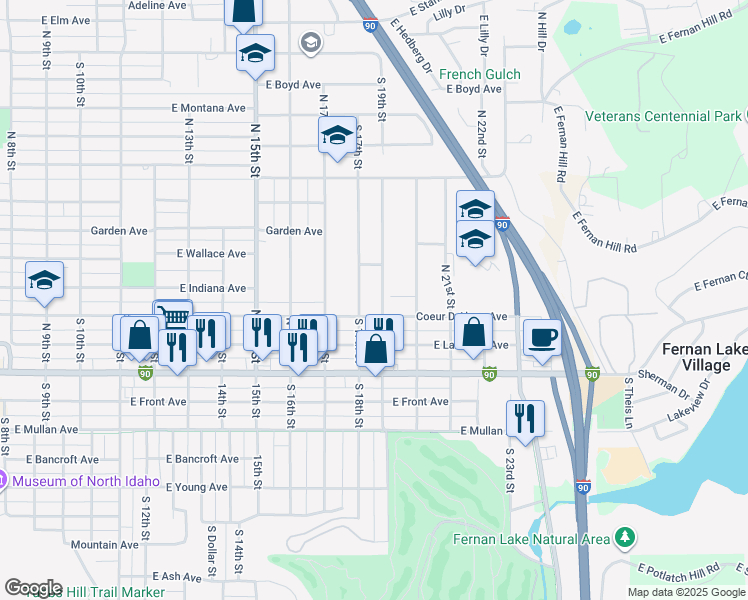 map of restaurants, bars, coffee shops, grocery stores, and more near 324 North 18th Street in Coeur d'Alene